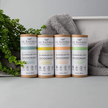 A vibrant 4-pack of Aluminum-Free Deodorant from JNL Naturals on a greenery background