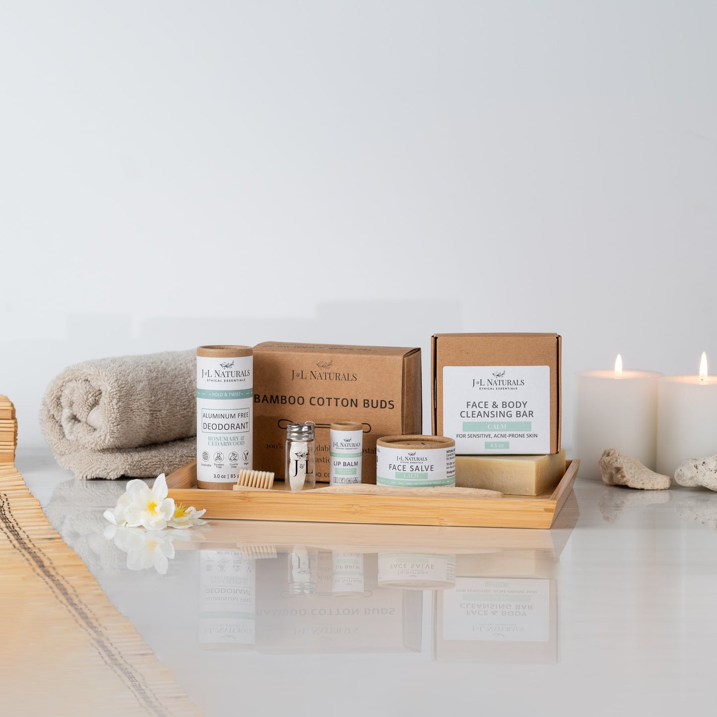 Simple Self-Care Kit arranged with soothing natural elements in Calm