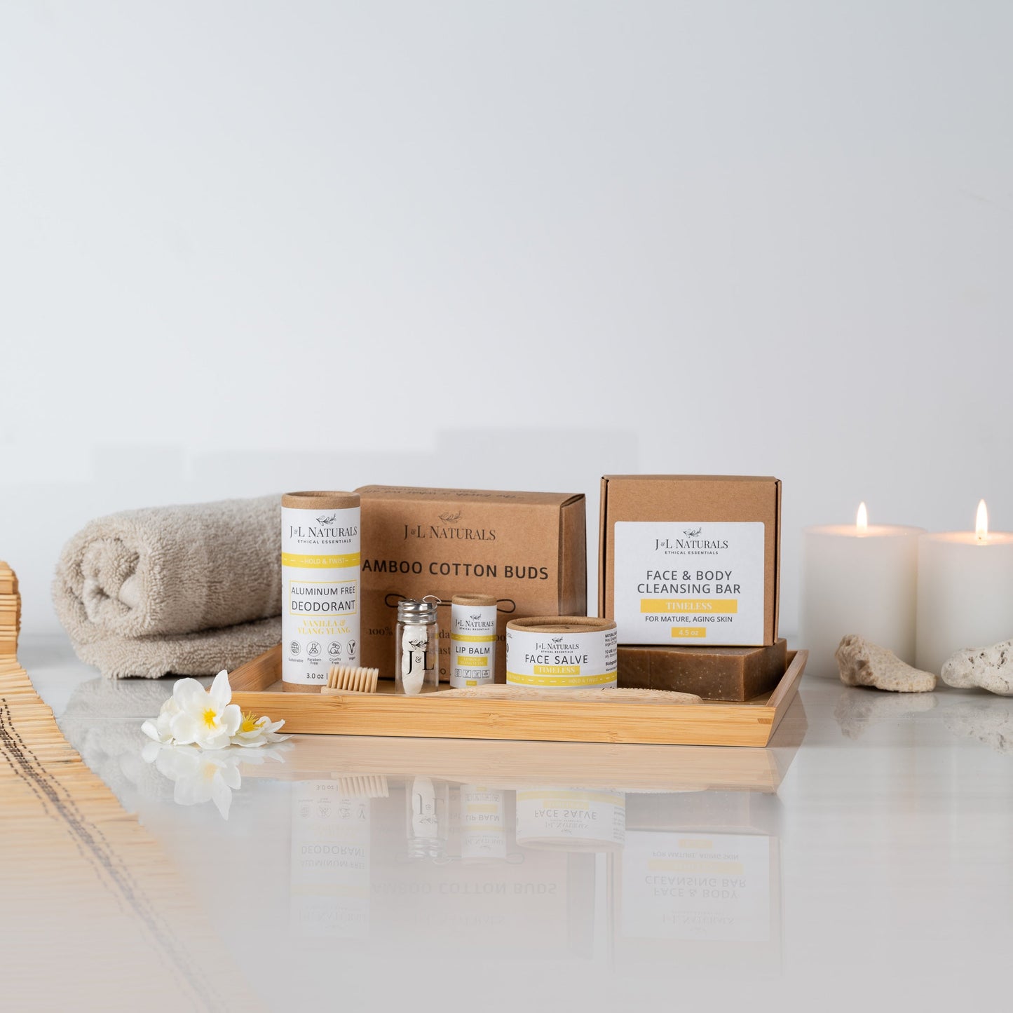 Simple Self-Care Kit arranged with soothing natural elements in Timeless