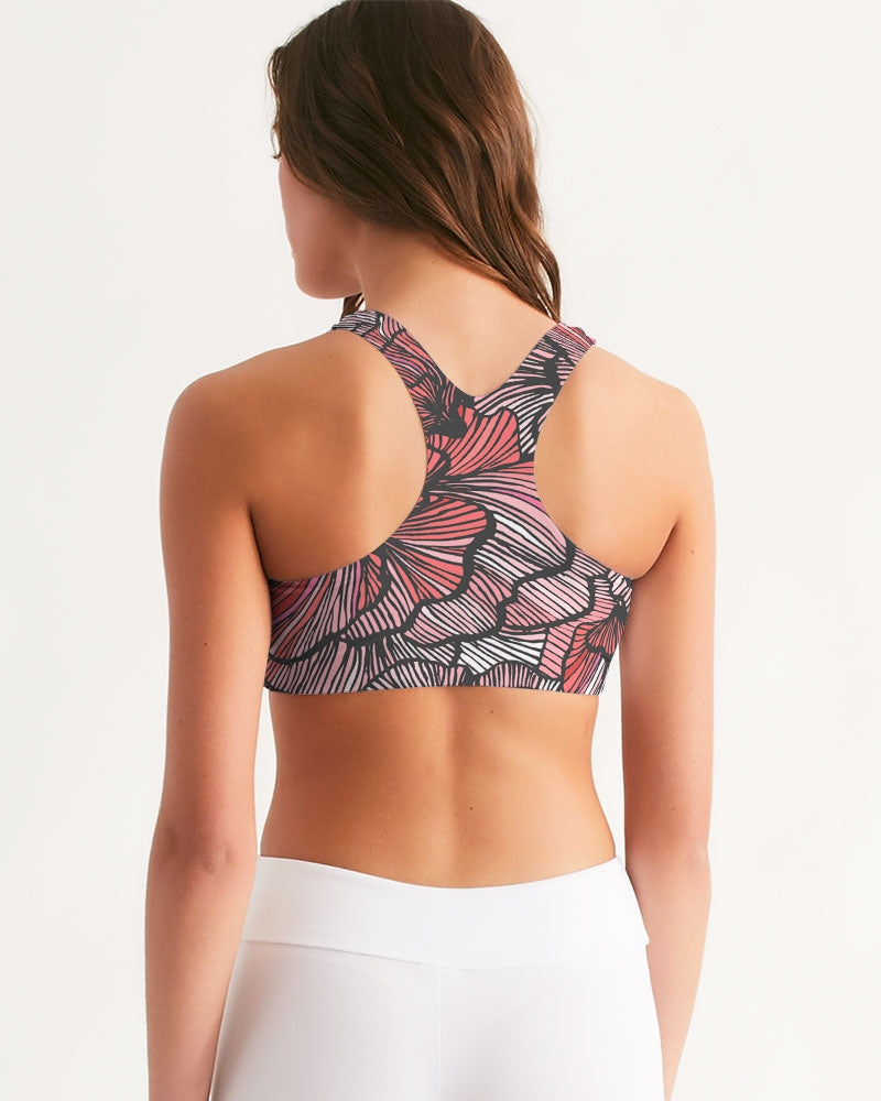 Women’s seamless sports bra in petal swirl design showing off racerback