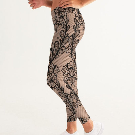 Close-up of the fabric texture of Black & Nude Lace Yoga Pants.