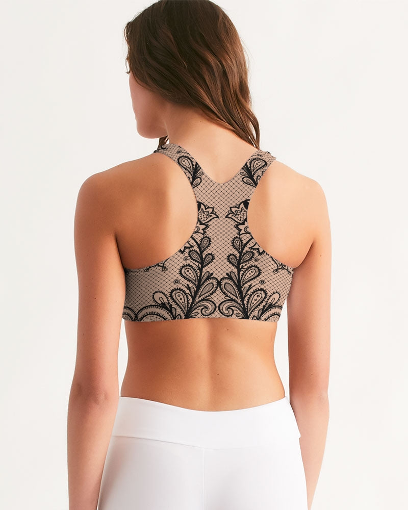 Black & Nude Lace Seamless Sports Bra showcasing racerback