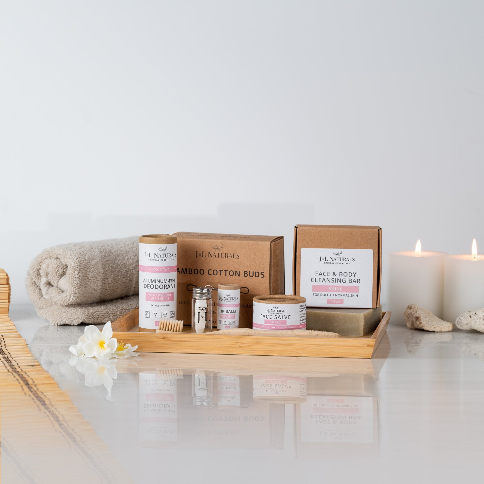 Simple Self-Care Kit arranged with soothing natural elements in Shine